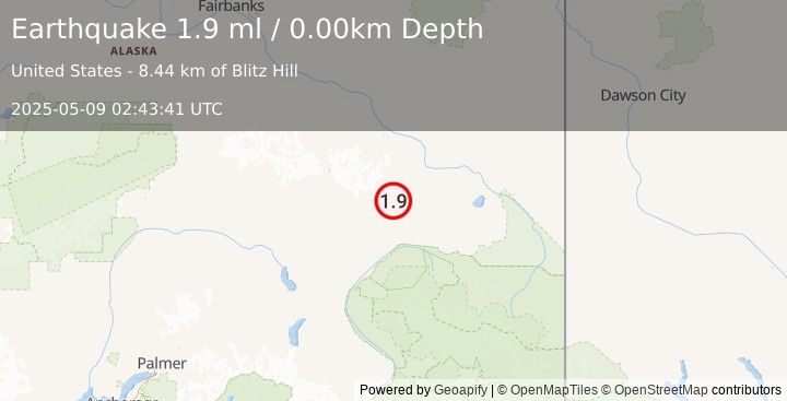 Earthquake 40 km WNW of Mentasta Lake, Alaska (1.9 ml) (2025-05-09 02:43:41 UTC)