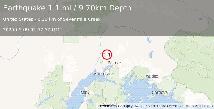 Earthquake 25 km NE of Willow, Alaska (1.1 ml) (2025-05-09 02:57:57 UTC)