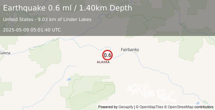 Earthquake 13 km WNW of Four Mile Road, Alaska (0.6 ml) (2025-05-09 05:01:40 UTC)