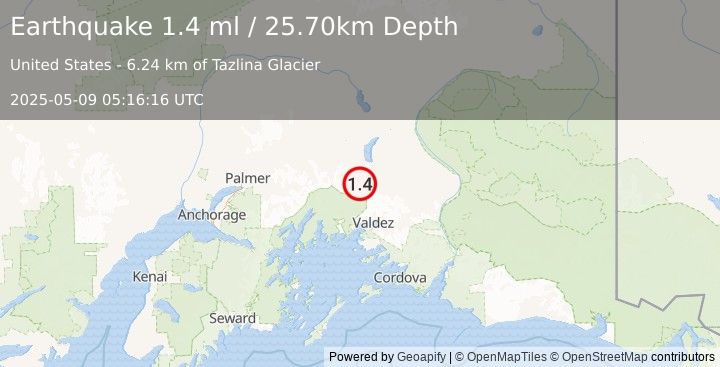 Earthquake 48 km NNW of Valdez, Alaska (1.4 ml) (2025-05-09 05:16:16 UTC)
