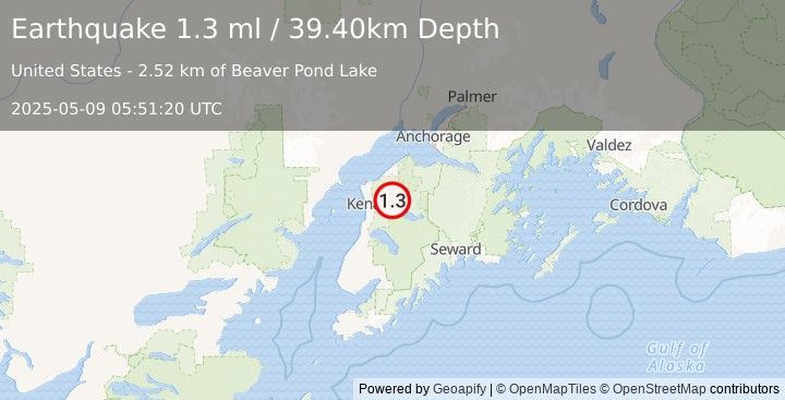 Earthquake 6 km NNE of Sterling, Alaska (1.3 ml) (2025-05-09 05:51:20 UTC)