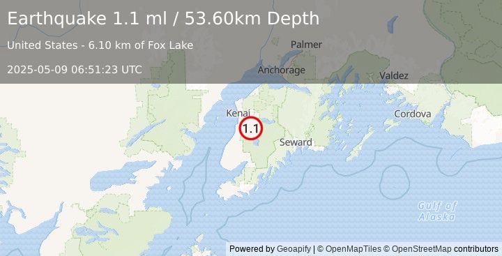 Earthquake 20 km SSW of Funny River, Alaska (1.1 ml) (2025-05-09 06:51:23 UTC)