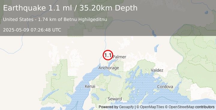 Earthquake 7 km WNW of Houston, Alaska (1.1 ml) (2025-05-09 07:26:48 UTC)