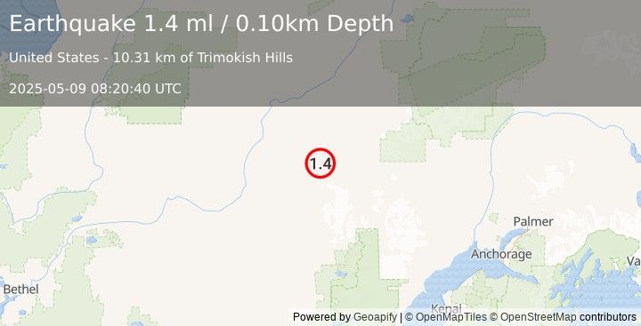 Earthquake 82 km S of Nikolai, Alaska (1.4 ml) (2025-05-09 08:20:40 UTC)