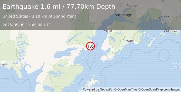 Earthquake 52 km W of Anchor Point, Alaska (1.6 ml) (2025-05-09 11:45:38 UTC)