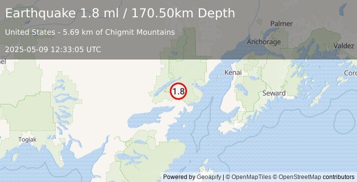 Earthquake 36 km E of Port Alsworth, Alaska (1.8 ml) (2025-05-09 12:33:05 UTC)