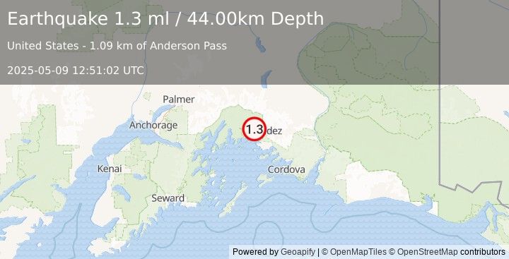 Earthquake 21 km W of Valdez, Alaska (1.3 ml) (2025-05-09 12:51:02 UTC)