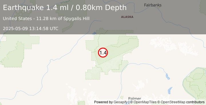 Earthquake 35 km SSE of Denali National Park, Alaska (1.4 ml) (2025-05-09 13:14:58 UTC)