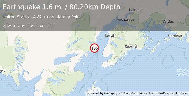 Earthquake 43 km WNW of Happy Valley, Alaska (1.6 ml) (2025-05-09 13:21:48 UTC)
