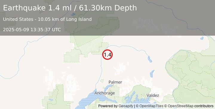 Earthquake 24 km ENE of Chase, Alaska (1.4 ml) (2025-05-09 13:35:37 UTC)