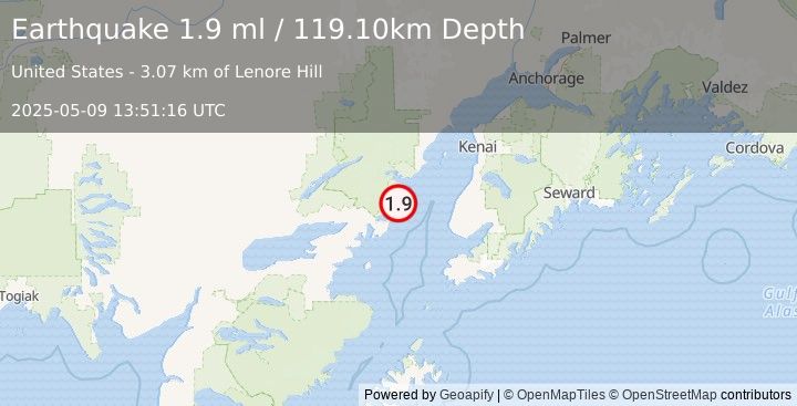 Earthquake 60 km WNW of Anchor Point, Alaska (1.9 ml) (2025-05-09 13:51:16 UTC)