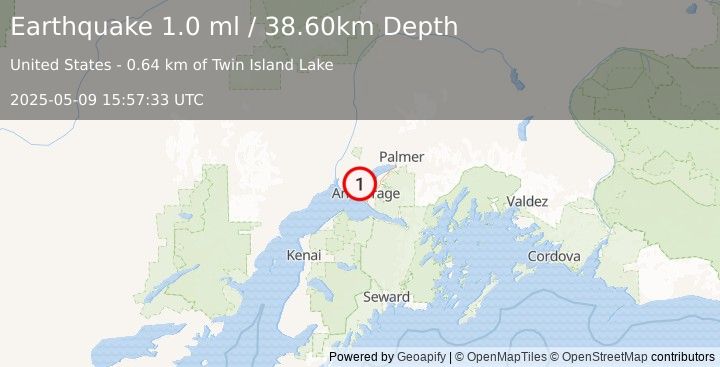 Earthquake 5 km SSW of Point MacKenzie, Alaska (1.0 ml) (2025-05-09 15:57:33 UTC)