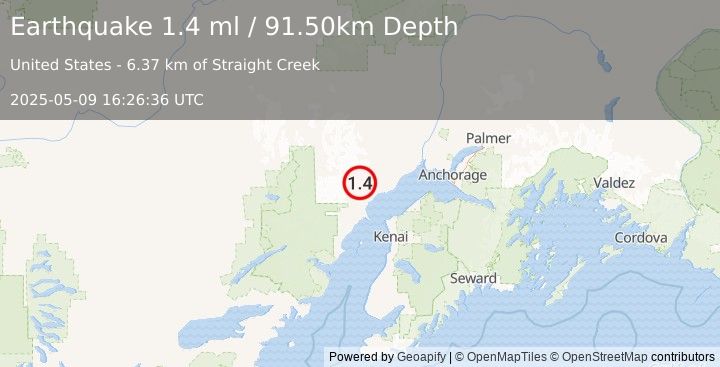 Earthquake 43 km W of Tyonek, Alaska (1.4 ml) (2025-05-09 16:26:36 UTC)