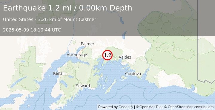 Earthquake 64 km NW of Tatitlek, Alaska (1.2 ml) (2025-05-09 18:10:44 UTC)