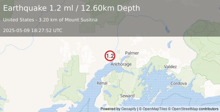 Earthquake 11 km WSW of Susitna, Alaska (1.2 ml) (2025-05-09 18:27:52 UTC)