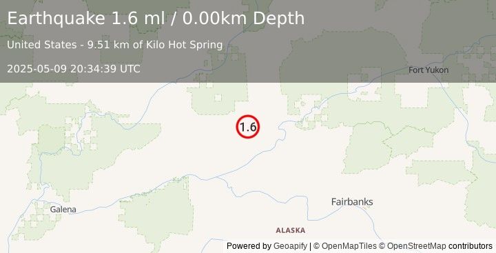 Earthquake 54 km NW of Rampart, Alaska (1.6 ml) (2025-05-09 20:34:39 UTC)