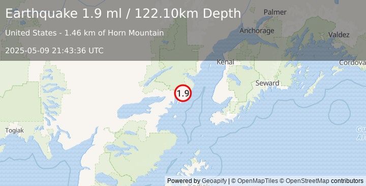 Earthquake 58 km E of Pedro Bay, Alaska (1.9 ml) (2025-05-09 21:43:36 UTC)