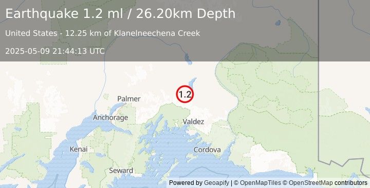 Earthquake 33 km S of Nelchina, Alaska (1.2 ml) (2025-05-09 21:44:13 UTC)