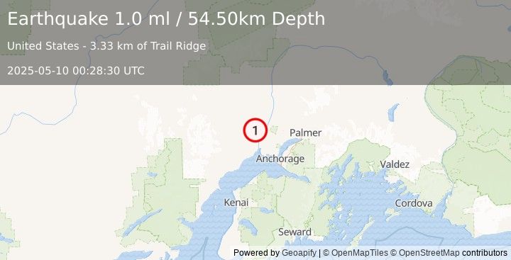 Earthquake 12 km NW of Susitna, Alaska (1.0 ml) (2025-05-10 00:28:30 UTC)