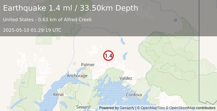 Earthquake 11 km NNE of Glacier View, Alaska (1.4 ml) (2025-05-10 01:29:19 UTC)