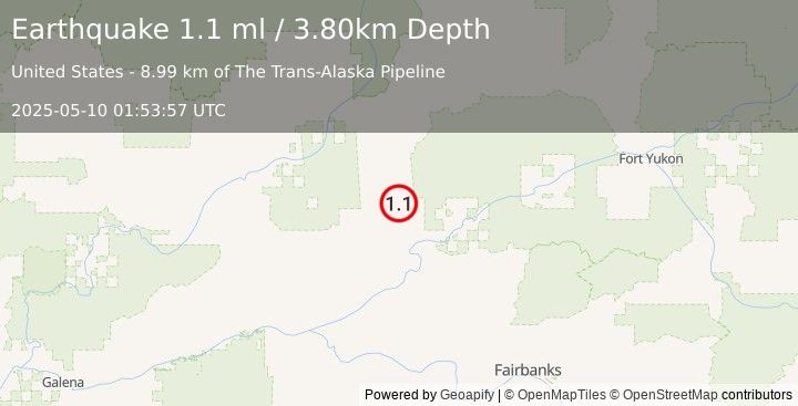 Earthquake 57 km WNW of Stevens Village, Alaska (1.1 ml) (2025-05-10 01:53:57 UTC)