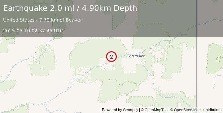Earthquake 26 km NE of Beaver, Alaska (2.0 ml) (2025-05-10 02:37:45 UTC)