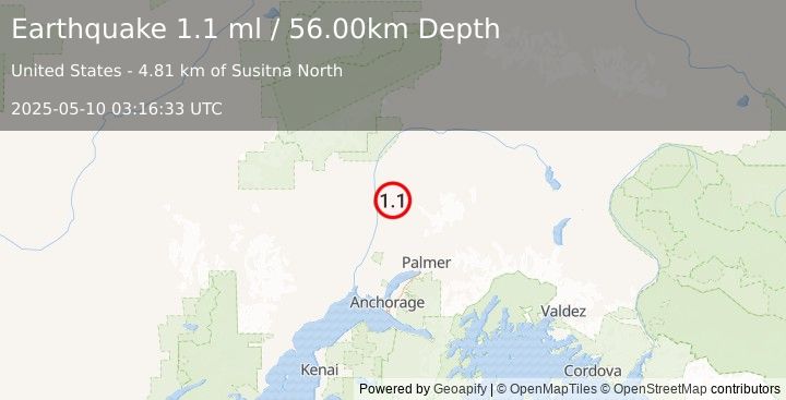 Earthquake 4 km NE of Susitna North, Alaska (1.1 ml) (2025-05-10 03:16:33 UTC)