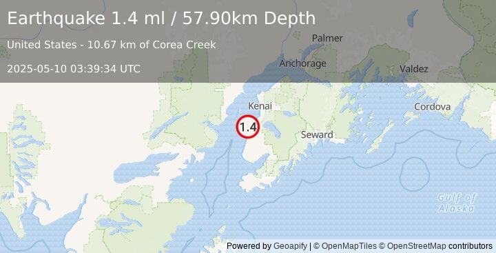 Earthquake 13 km W of Clam Gulch, Alaska (1.4 ml) (2025-05-10 03:39:34 UTC)