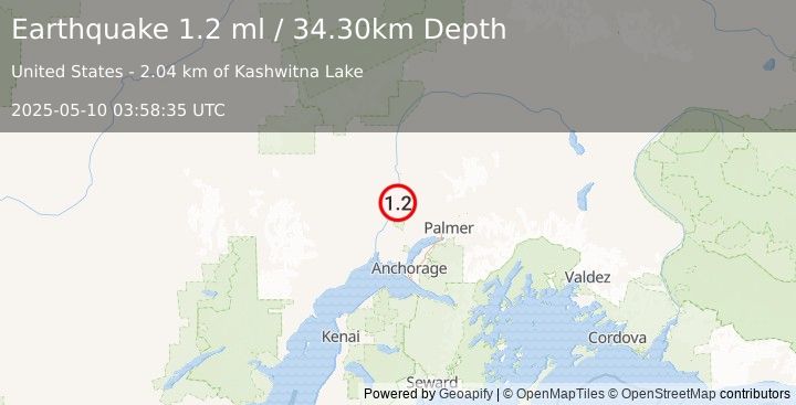Earthquake 10 km NNW of Willow, Alaska (1.2 ml) (2025-05-10 03:58:35 UTC)
