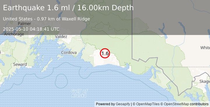 Earthquake 103 km S of McCarthy, Alaska (1.6 ml) (2025-05-10 04:18:41 UTC)