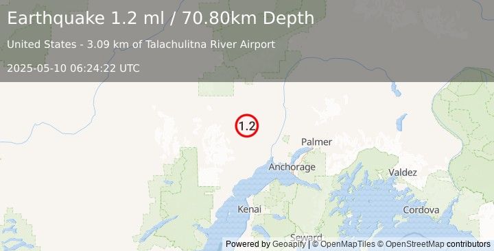 Earthquake 16 km S of Skwentna, Alaska (1.2 ml) (2025-05-10 06:24:22 UTC)