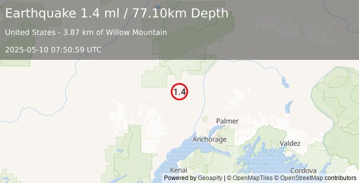 Earthquake 26 km NNE of Skwentna, Alaska (1.4 ml) (2025-05-10 07:50:59 UTC)