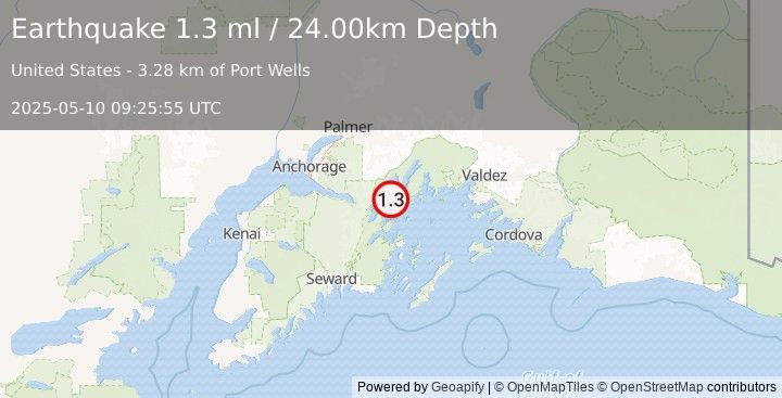 Earthquake 27 km ENE of Whittier, Alaska (1.3 ml) (2025-05-10 09:25:55 UTC)