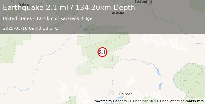Earthquake 63 km SE of Denali National Park, Alaska (2.1 ml) (2025-05-10 09:43:18 UTC)