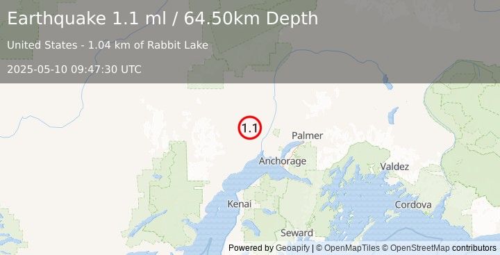 Earthquake 29 km NW of Susitna, Alaska (1.1 ml) (2025-05-10 09:47:30 UTC)