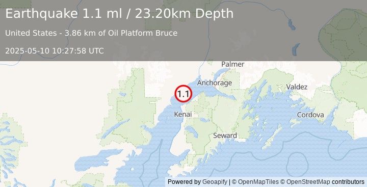 Earthquake 10 km SSW of Tyonek, Alaska (1.1 ml) (2025-05-10 10:27:58 UTC)