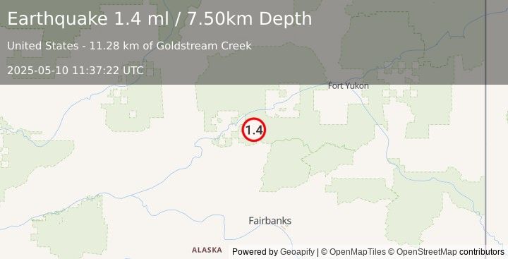 Earthquake 39 km E of Stevens Village, Alaska (1.4 ml) (2025-05-10 11:37:22 UTC)