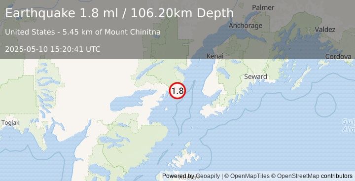 Earthquake 61 km W of Anchor Point, Alaska (1.8 ml) (2025-05-10 15:20:41 UTC)