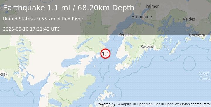 Earthquake 44 km W of Anchor Point, Alaska (1.1 ml) (2025-05-10 17:21:42 UTC)