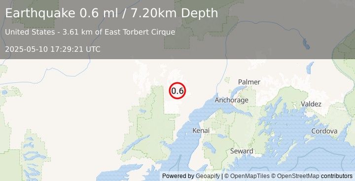 Earthquake 72 km WNW of Beluga, Alaska (0.6 ml) (2025-05-10 17:29:21 UTC)