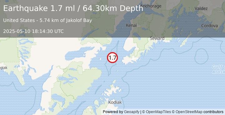 Earthquake 38 km W of Nanwalek, Alaska (1.7 ml) (2025-05-10 18:14:30 UTC)