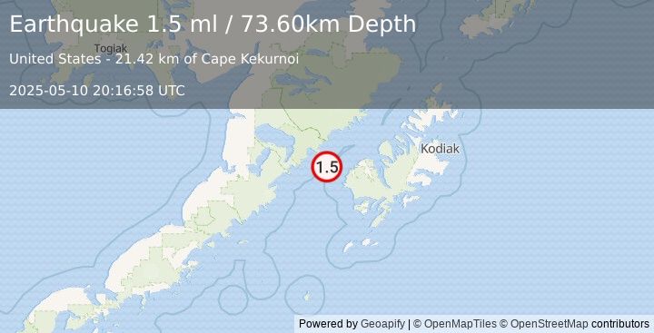 Earthquake 40 km W of Karluk, Alaska (1.5 ml) (2025-05-10 20:16:58 UTC)