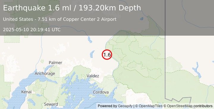 Earthquake 8 km NW of Willow Creek, Alaska (1.6 ml) (2025-05-10 20:19:41 UTC)