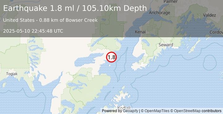 Earthquake 47 km ESE of Pedro Bay, Alaska (1.8 ml) (2025-05-10 22:45:48 UTC)