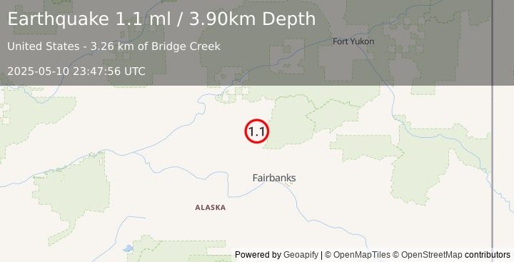 Earthquake 16 km SE of Livengood, Alaska (1.1 ml) (2025-05-10 23:47:56 UTC)