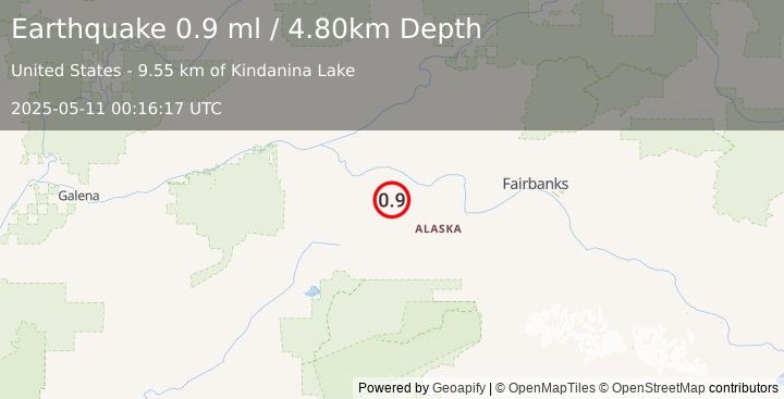 Earthquake 33 km S of Manley Hot Springs, Alaska (0.9 ml) (2025-05-11 00:16:17 UTC)