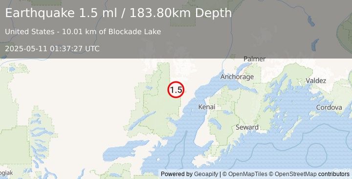 Earthquake 78 km WNW of Nikiski, Alaska (1.5 ml) (2025-05-11 01:37:27 UTC)