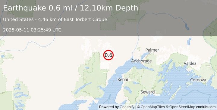 Earthquake 72 km WNW of Beluga, Alaska (0.6 ml) (2025-05-11 03:25:49 UTC)