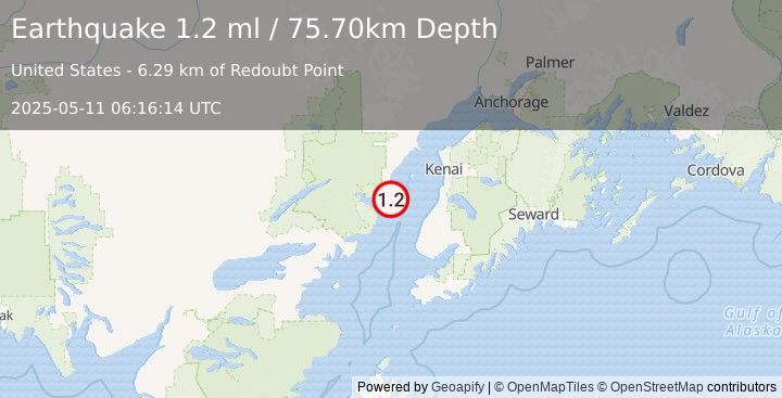 Earthquake 42 km WNW of Ninilchik, Alaska (1.2 ml) (2025-05-11 06:16:14 UTC)