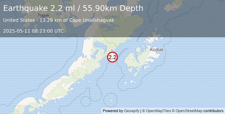 Earthquake 64 km W of Karluk, Alaska (2.2 ml) (2025-05-11 08:23:00 UTC)